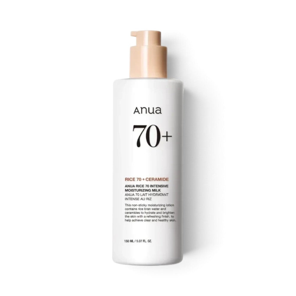 bareskin.lt ANUA Rice 70 Intensive Moisturizing Milk in a white pump bottle for hydrating and brightening skin