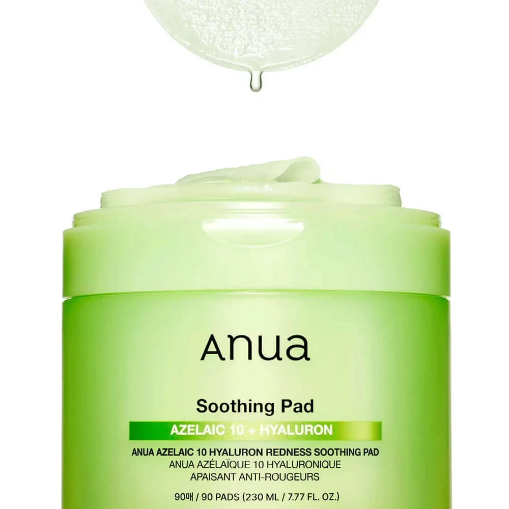 bareskin.lt Anua Azelaic Acid 10 Hyaluron soothing toner pads raminantys toniko padeliai su 10 % azelaino rūgštimi, skirti kasdienei odos priežiūrai esant paraudimui, spuogeliams ar nelygiam odos paviršiui