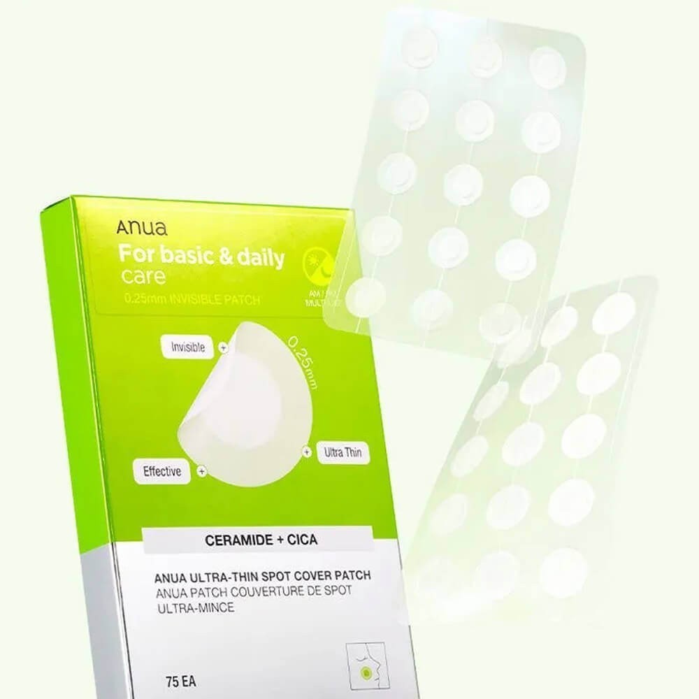bareskin.lt Anua Ultra-Thin Spot Cover Patch ploni, beveik nepastebimi spuogų pleistrai, kurie padeda apsaugoti pažeistą odą ir pagreitinti jos gijimą. Sudėtyje esantys Centella Asiatica ekstraktas, alavijas ir madekasosidas ramina sudirgimus bei mažina paraudimą