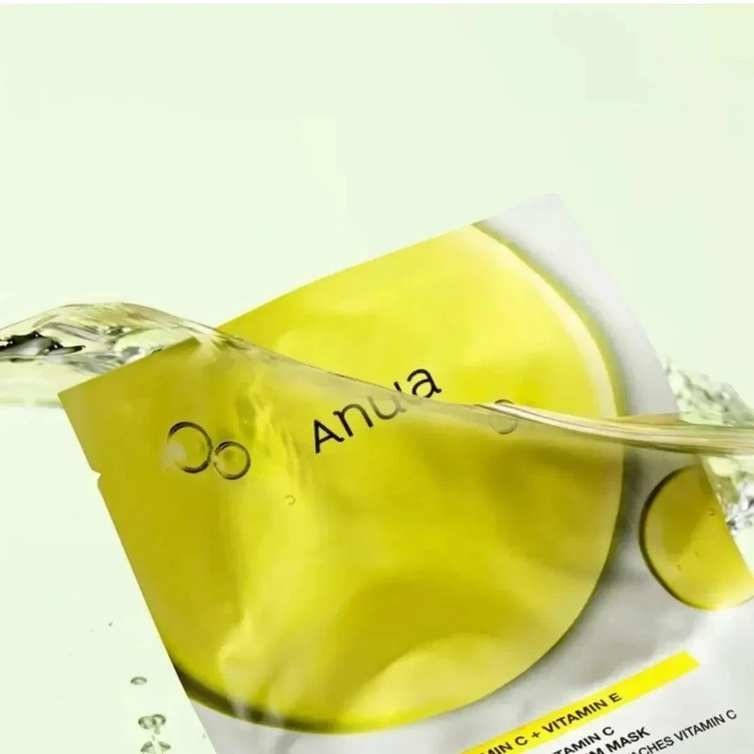 Anua Vitamin C Blemish Serum Mask from bareskin.lt featuring a bright yellow lemon design and refreshing water splash