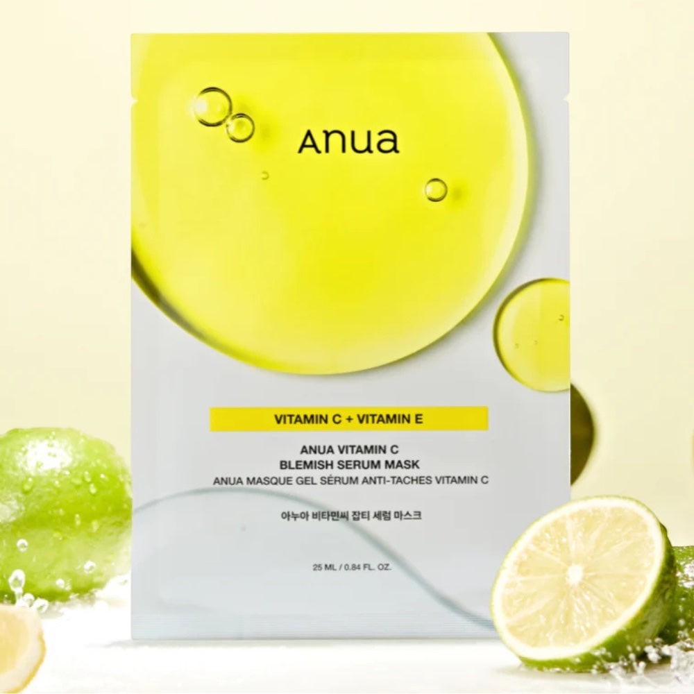 bareskin.lt Anua Vitamin C Blemish Serum sheet mask packaging with bright yellow citrus design and fresh lime accents.