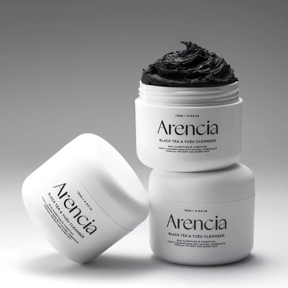 bareskin.lt Arencia Black Tea Rice Mochi Cleanser jars with creamy dark textured face wash and exfoliating ingredients
