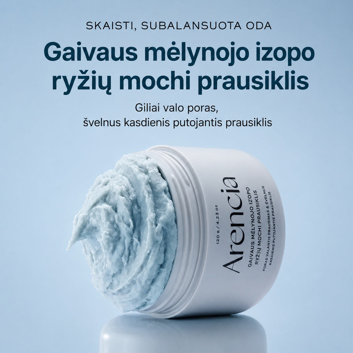 bareskin.lt Arencia Fresh Blue Hyssop Rice Mochi Cleanser prausiklis su ryžių pudra ir izopo ekstraktu padeda kruopščiai nuvalyti nešvarumus ir suteikia odai gaivos pojūtį