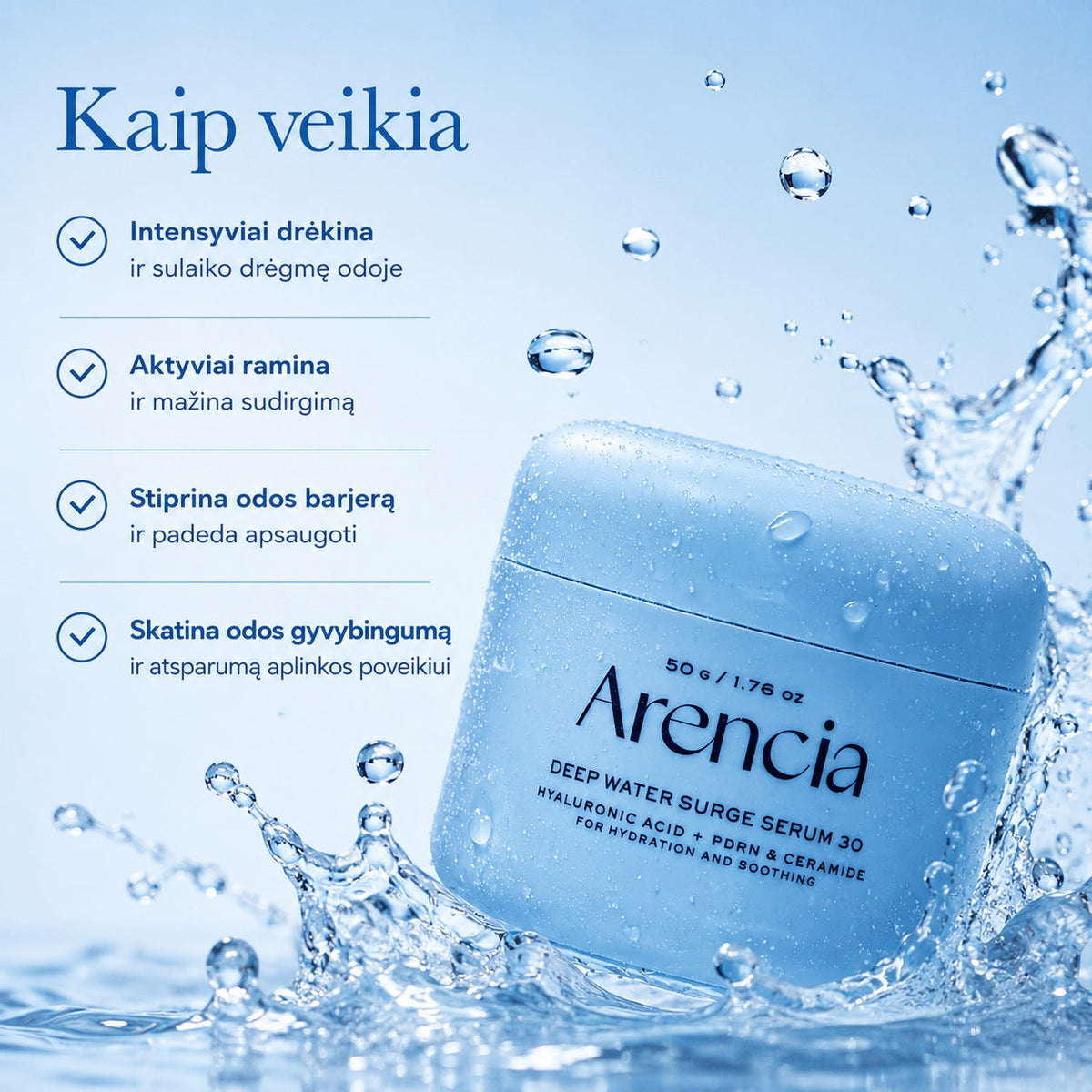 bareskin.lt Arencia Deep Water Surge Serum 30 intensyviai drėkinantis žele konsistencijos serumas, sukurtas odos barjero palaikymui ir komfortui