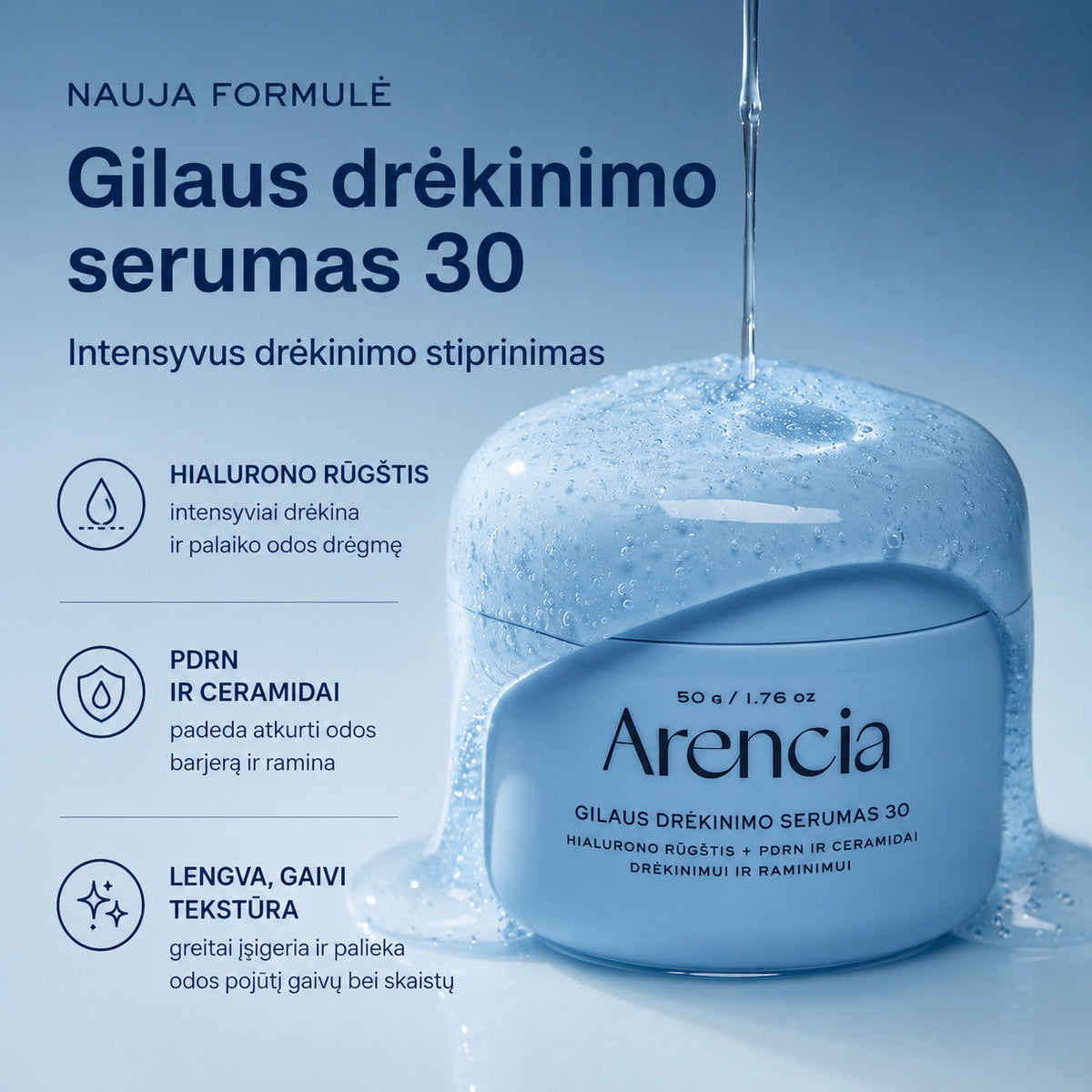 bareskin.lt Arencia Deep Water Surge Serum 30 intensyviai drėkinantis žele konsistencijos serumas, sukurtas odos barjero palaikymui ir komfortui