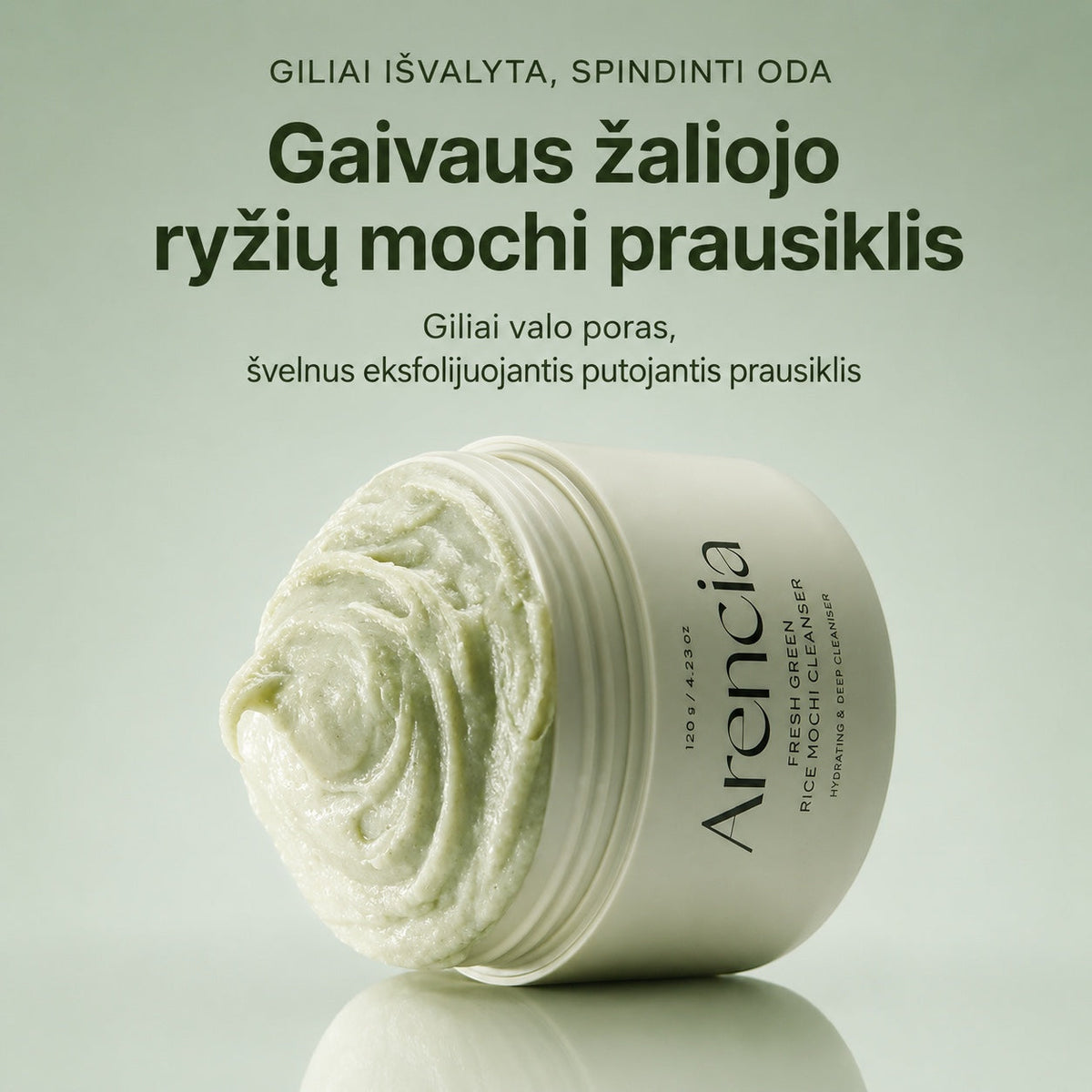 bareskin.lt Arencia Fresh Green Rice Mochi Cleanser prausiklis su natūraliais šveičiamaisiais grūdeliais