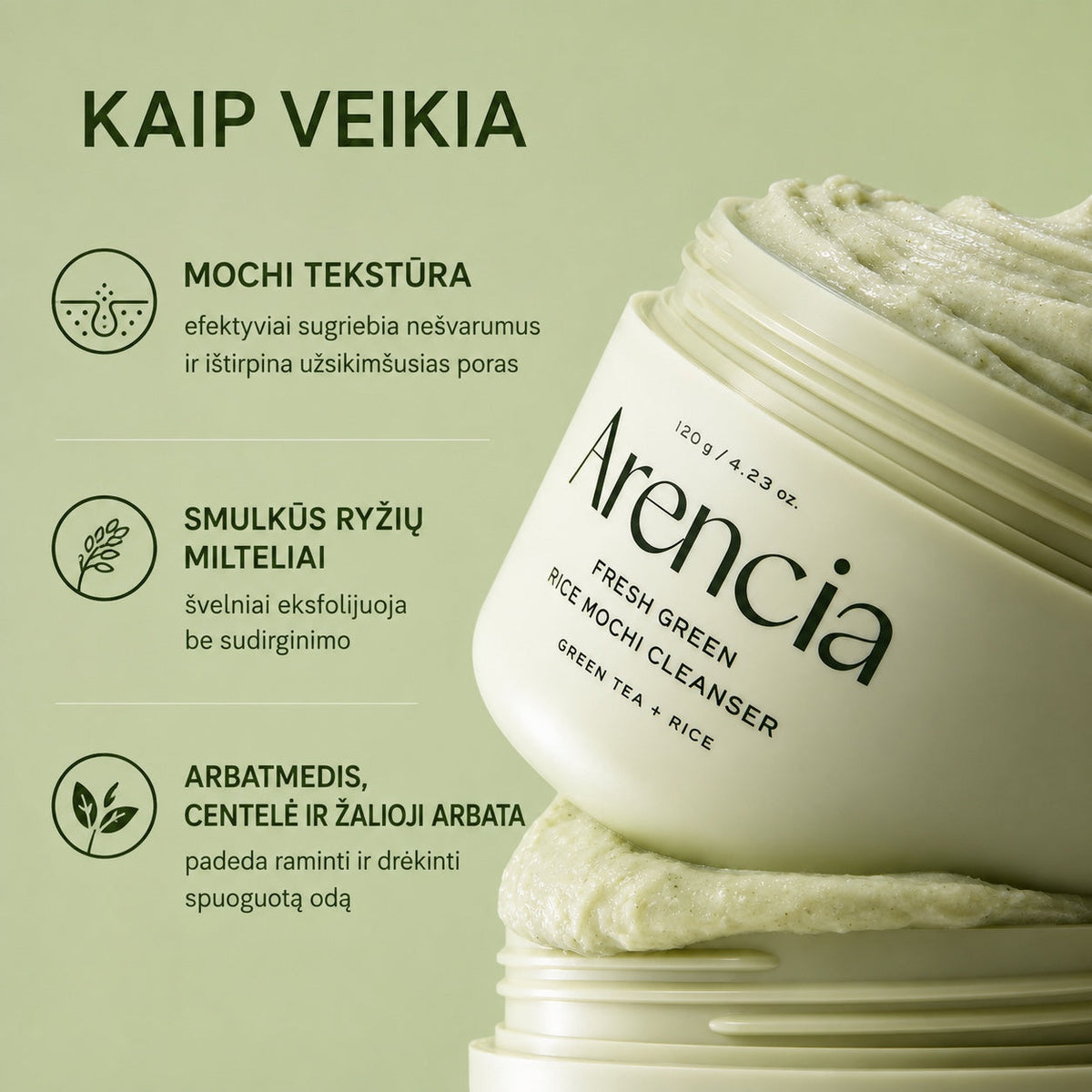 bareskin.lt Arencia Fresh Green Rice Mochi Cleanser prausiklis su natūraliais šveičiamaisiais grūdeliais