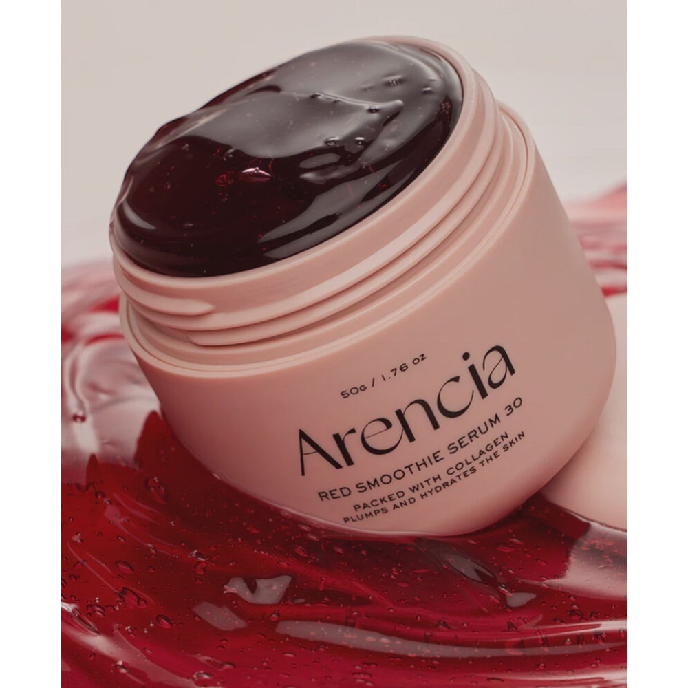 Arencia Fresh Red Smoothie Serum 30 in a pink jar with a thick, red jelly texture, available at bareskin.lt