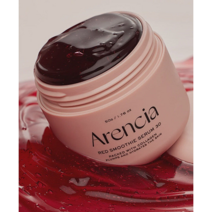 Arencia Fresh Red Smoothie Serum 30 in a pink jar with a thick, red jelly texture, available at bareskin.lt