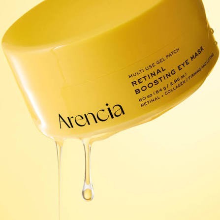 bareskin.lt Arencia Retinal Boosting Eye Mask yellow jar with dripping gel texture for firming and lifting