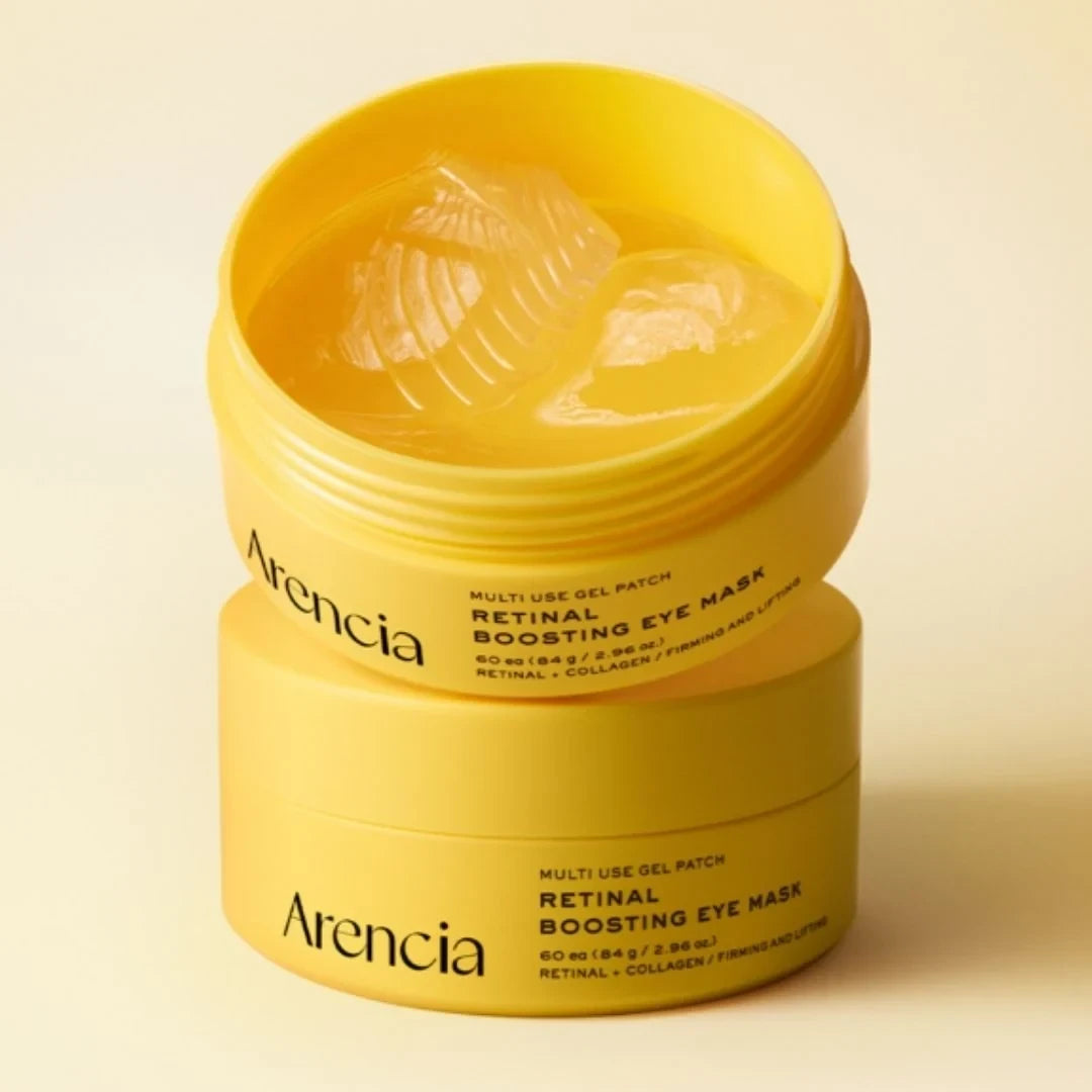 bareskin.lt Arencia Retinal Boosting Eye Mask in a yellow jar with clear gel patches visible inside