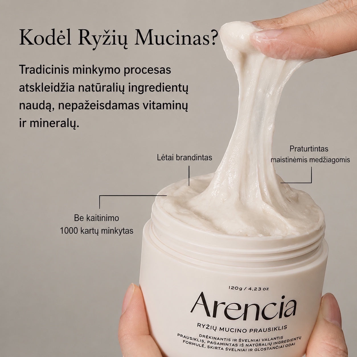 bareskin.lt Arencia Rice Mucin Cleanser with a unique mochi-like stretchy texture in a 120g jar for gentle cleansing.