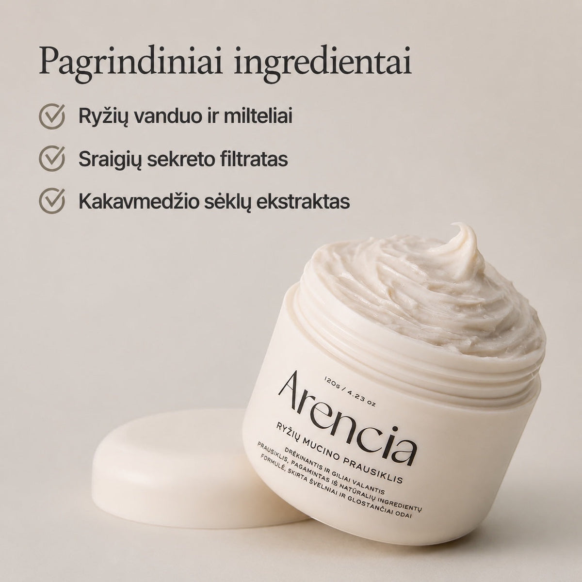 bareskin.lt Arencia Rice Mucin Cleanser daugiafunkcis 3 in 1 prausiklis, tinkantis kasdieniam naudojimui. Jis vienu metu veikia kaip prausiklis, švelnus šveitiklis ir makiažo valiklis