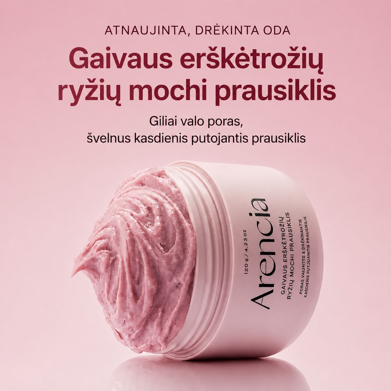 bareskin.lt Arencia Fresh Rosehip Rice Mochi Cleanser with a soft, pink, textured exfoliating face wash formula.