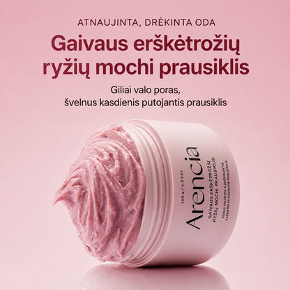 bareskin.lt Arencia Fresh Rosehip Rice Mochi Cleanser with a soft, pink, textured exfoliating face wash formula.