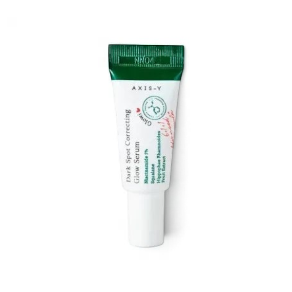 bareskin.lt Axis-Y Dark Spot Correcting Glow Serum in a white tube with a green cap for brightening skin pigmentation