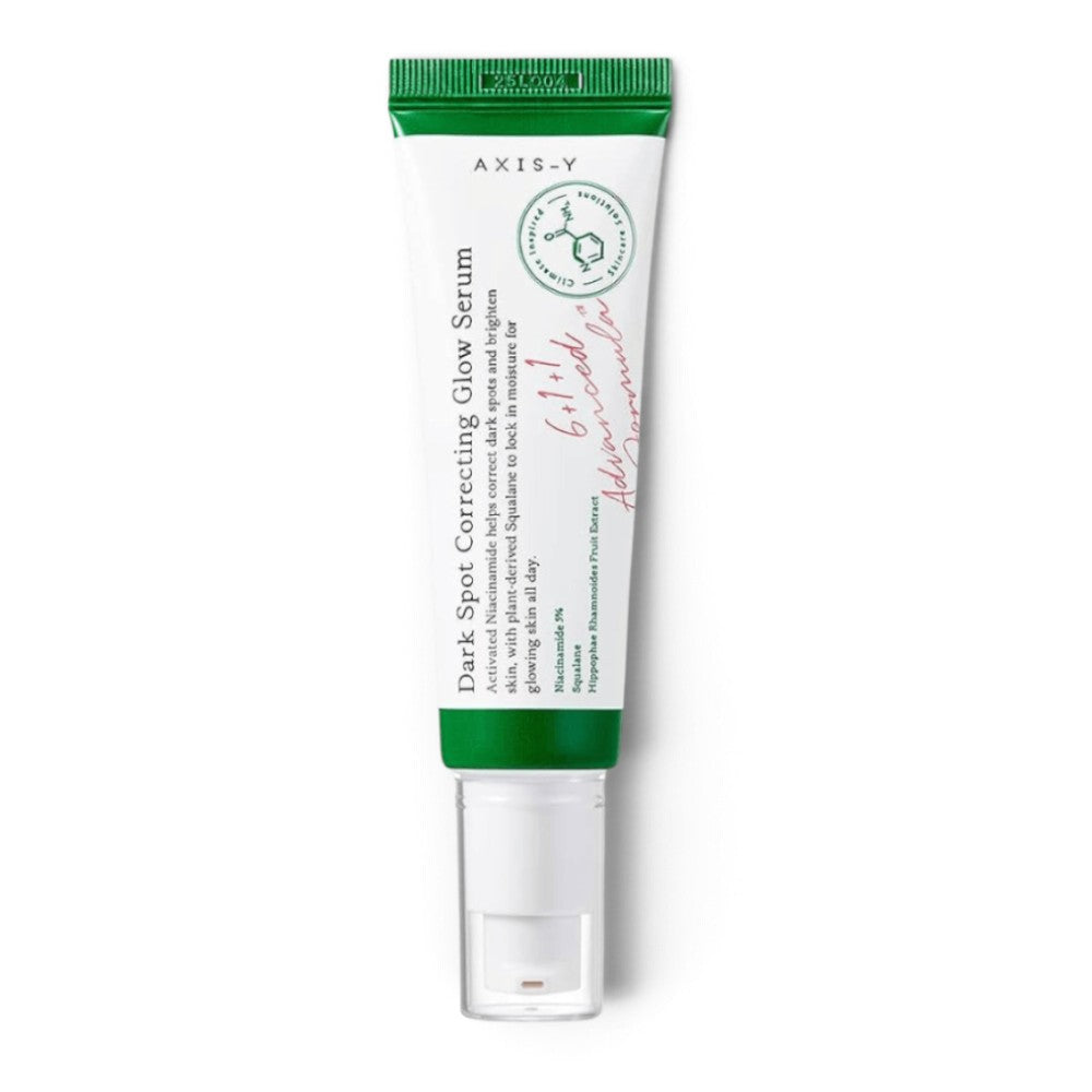 bareskin.lt Axis-Y Dark Spot Correcting Glow Serum with niacinamide and squalane in a white and green tube
