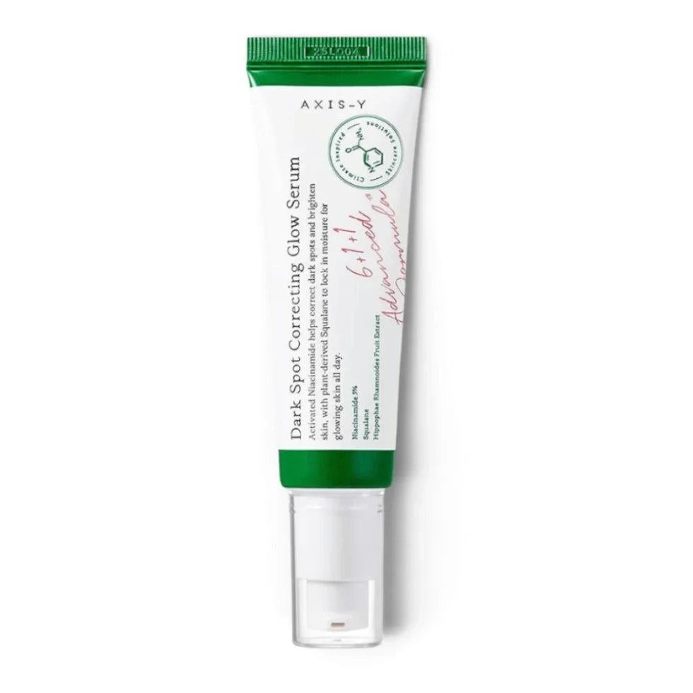 bareskin.lt Axis-Y Dark Spot Correcting Glow Serum in a white tube with a green cap for brightening skin tone