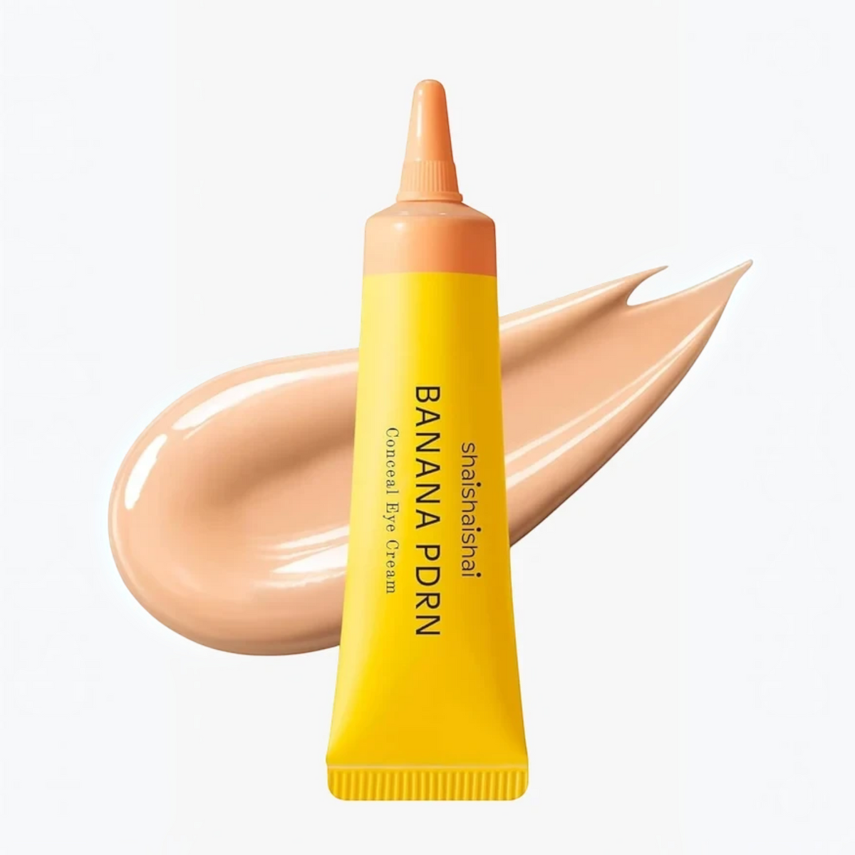 bareskin.lt shaishaishai Banana PDRN Conceal Eye Cream in a yellow tube with a beige cream swatch on a white background