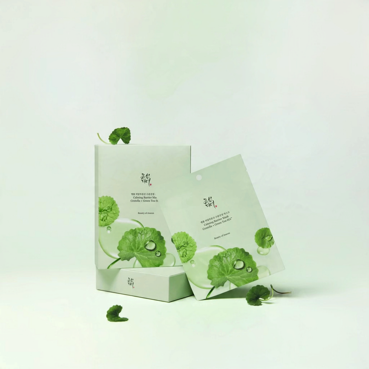 bareskin.lt Beauty of Joseon Calming Barrier Mask sheet mask packaging with green tea and centella leaf illustrations