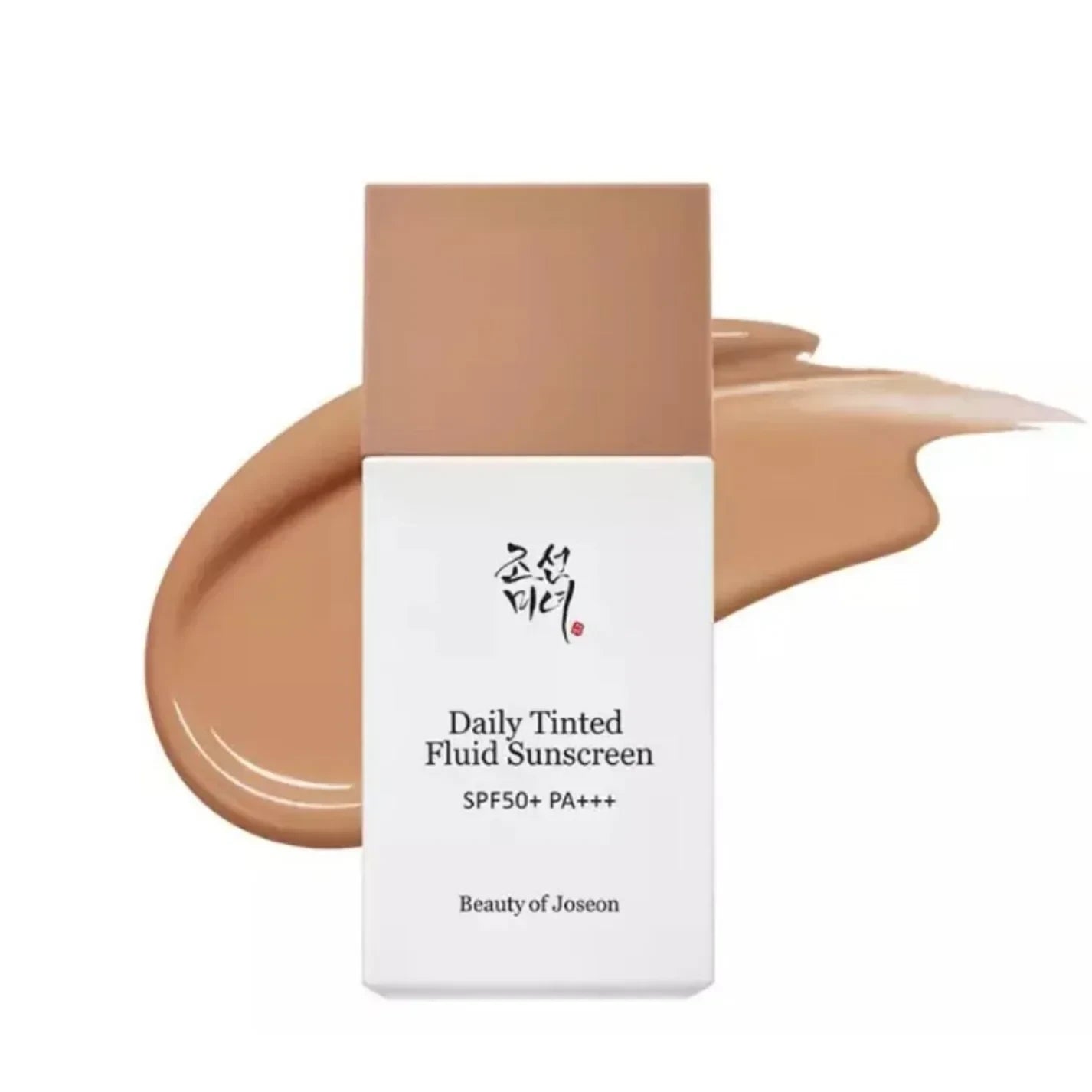 bareskin.lt Beauty of Joseon Daily Tinted Fluid Sunscreen with a beige mineral formula swatch on white background