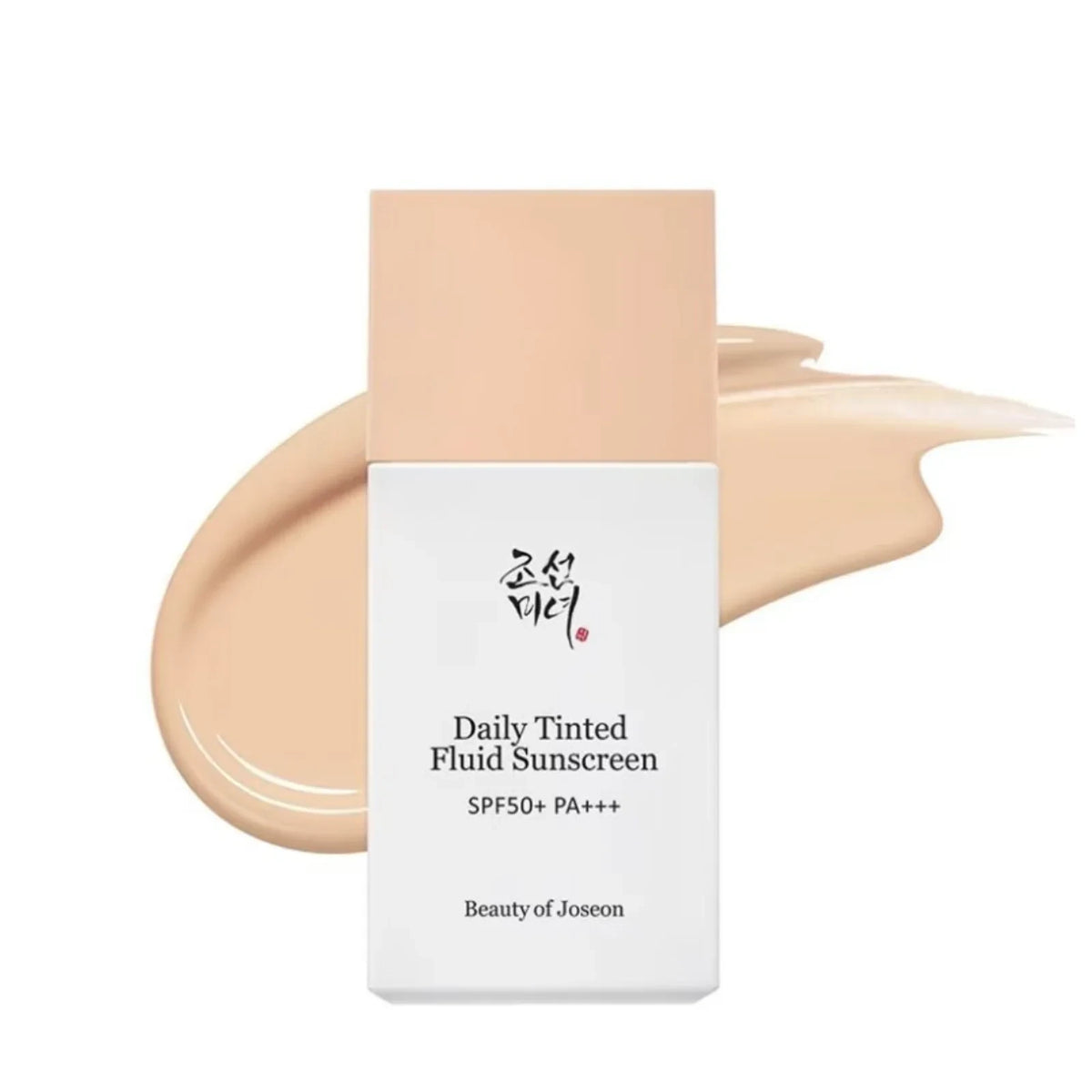 bareskin.lt Beauty of Joseon Daily Tinted Fluid Sunscreen with a beige mineral formula swatch on a white background