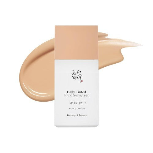 bareskin.lt Beauty of Joseon Daily Tinted Fluid Sunscreen with SPF, featuring a light beige mineral formula swatch.