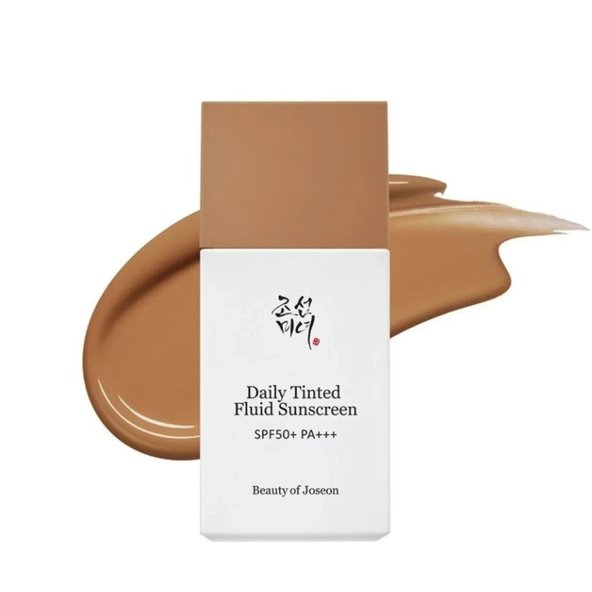 Beauty of Joseon Daily Tinted Fluid Sunscreen from bareskin.lt with a creamy beige texture swatch behind the bottle.