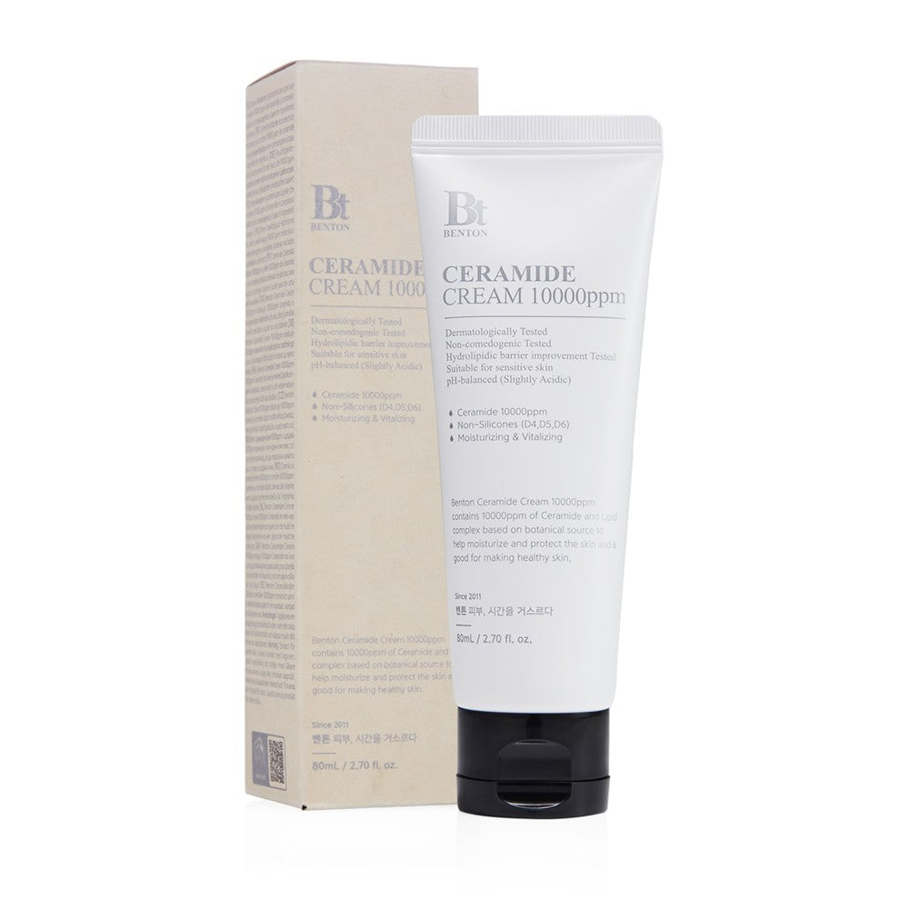 Benton Ceramide Cream 10000ppm in a white tube with its matching box, sold by bareskin.lt for dry, sensitive skin.