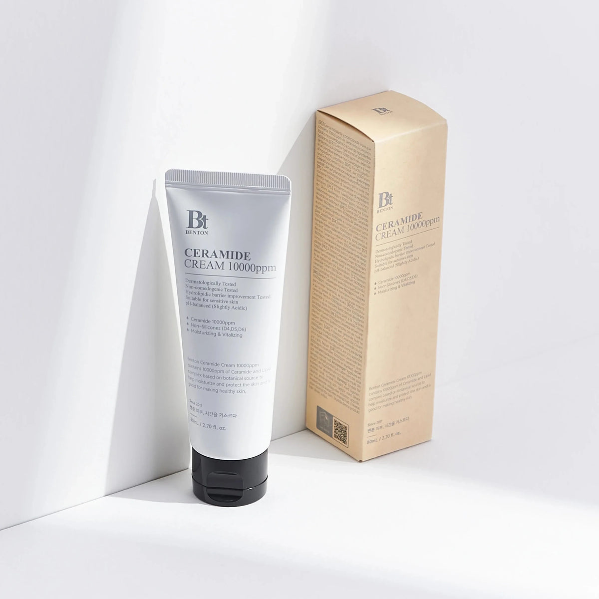 bareskin.lt Benton Ceramide Cream 10000ppm in a white tube and its beige cardboard packaging on a white background.