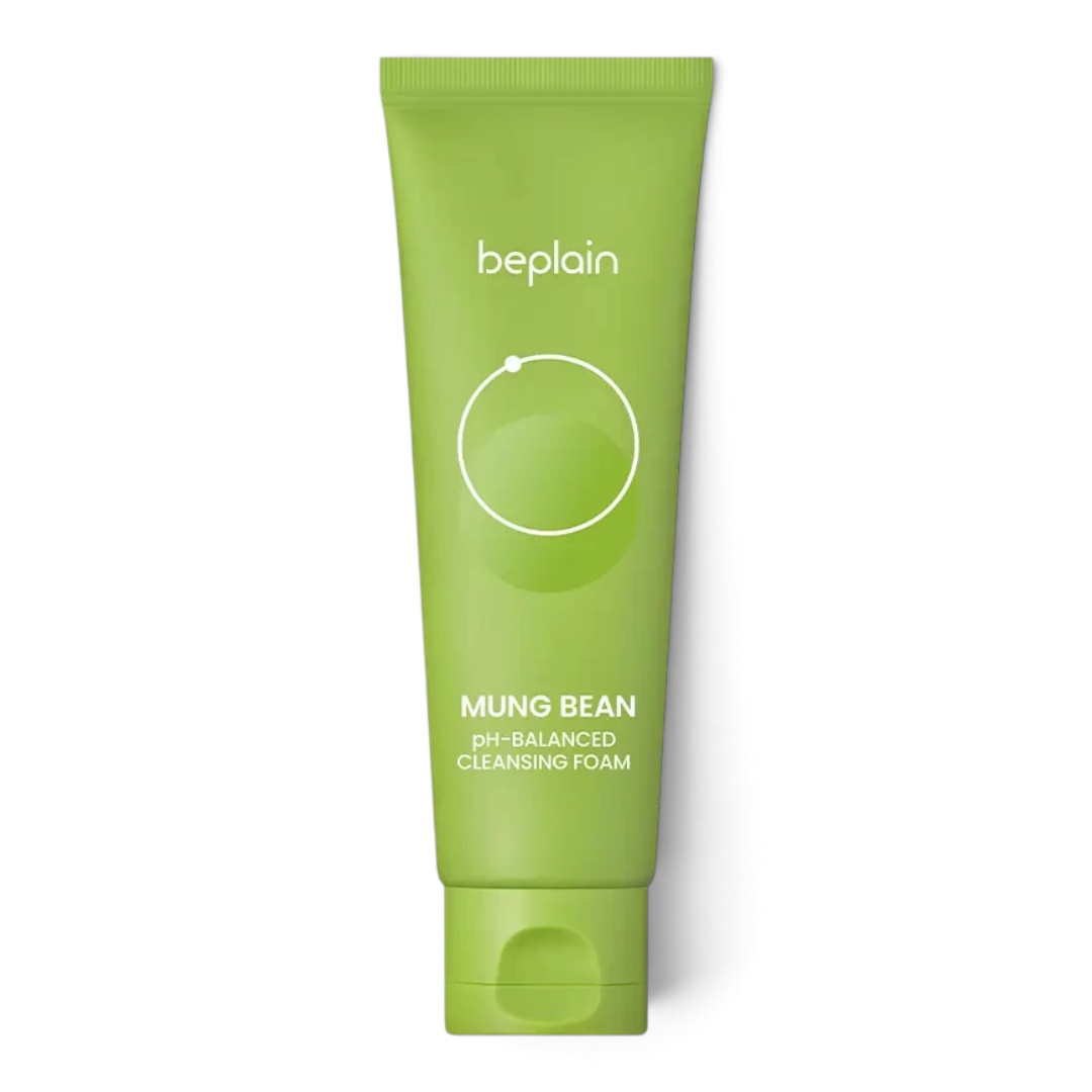 bareskin.lt beplain Mung Bean pH-balanced cleansing foam in a light green squeeze tube for gentle daily face washing.