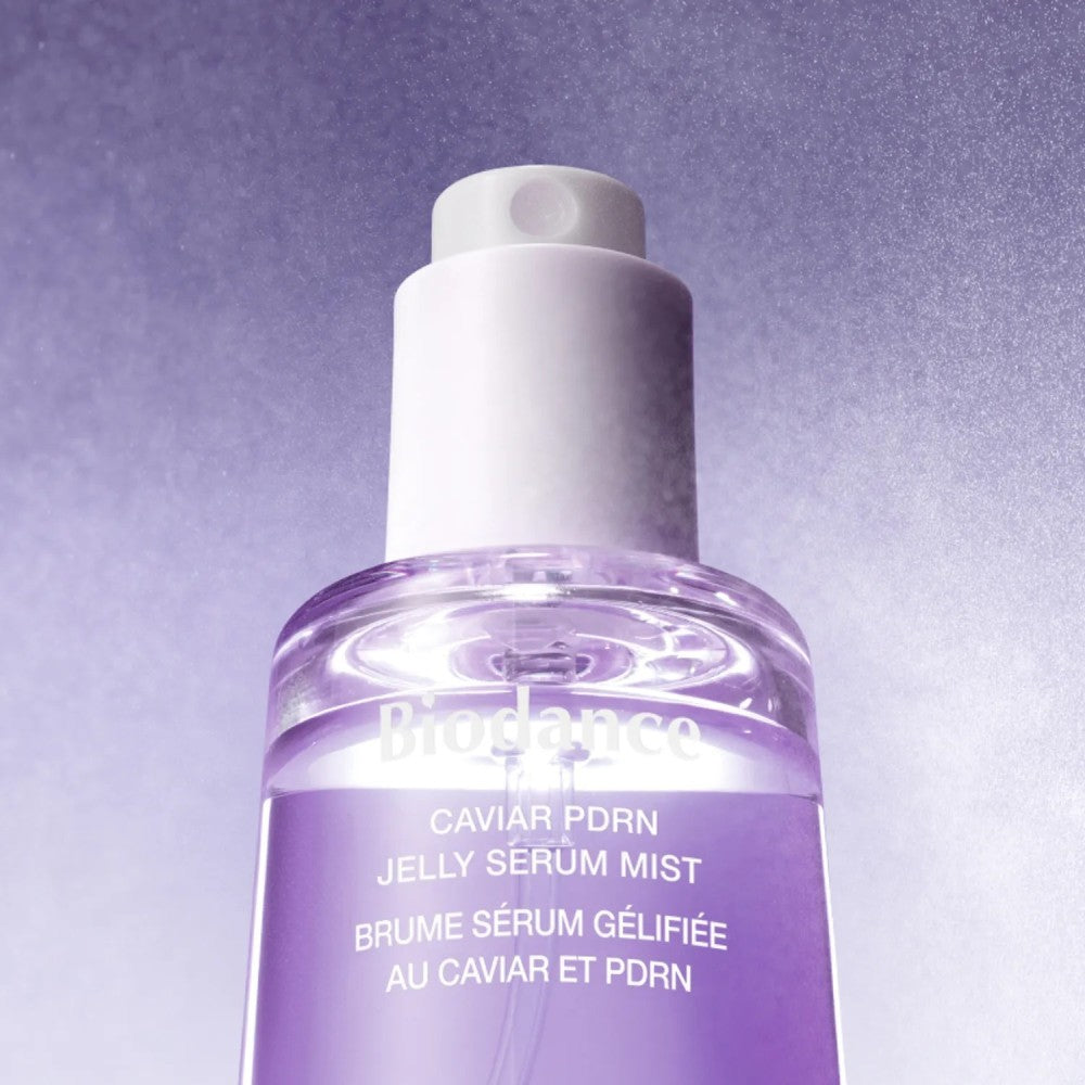 bareskin.lt Biodance Caviar PDRN Jelly Serum Mist in a purple bottle with a white spray pump nozzle