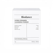 bareskin.lt Biodance Hydro Ceramide Cleansing Powder box featuring probiotic complex, niacinamide, and ceramides.