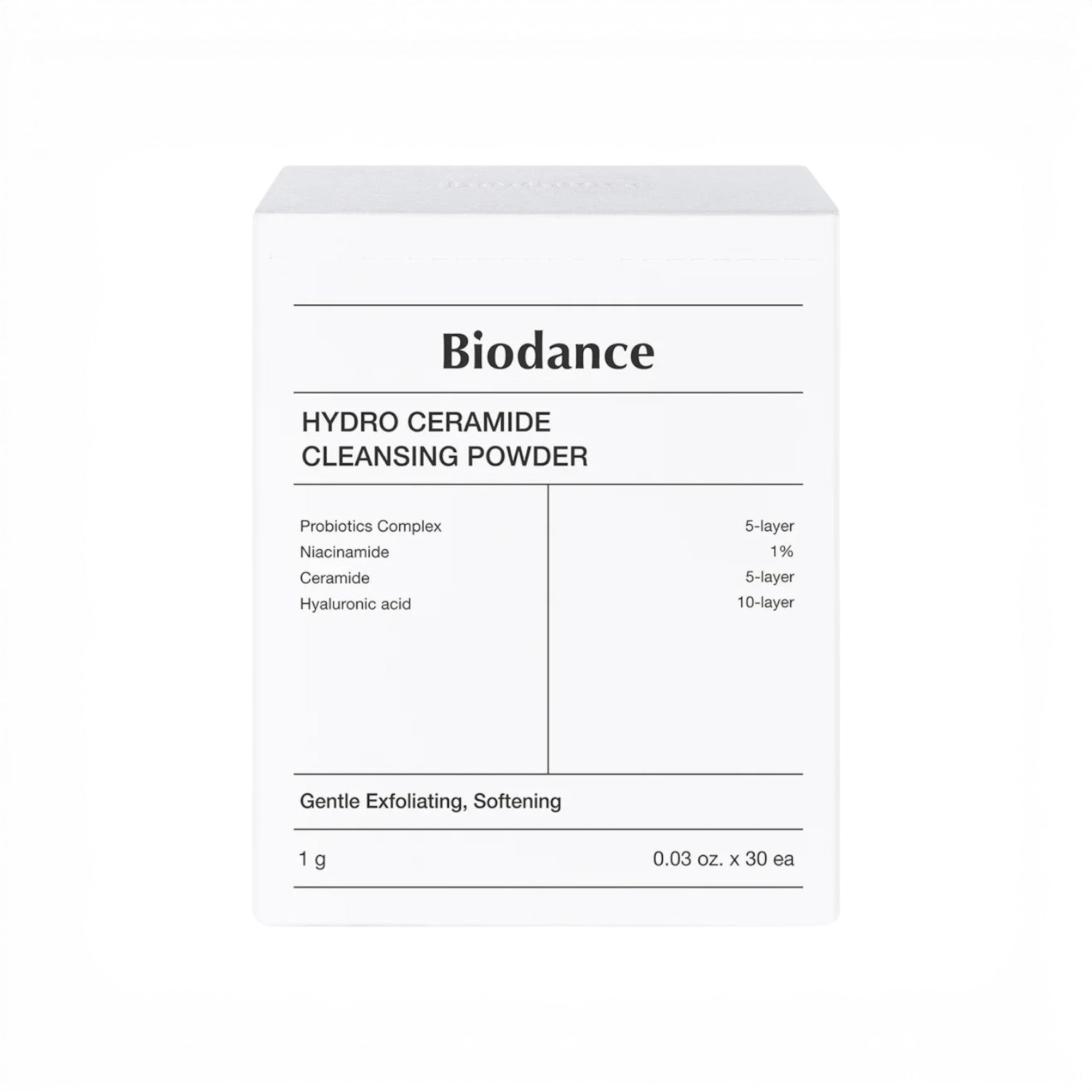 bareskin.lt Biodance Hydro Ceramide Cleansing Powder box featuring probiotic complex, niacinamide, and ceramides.