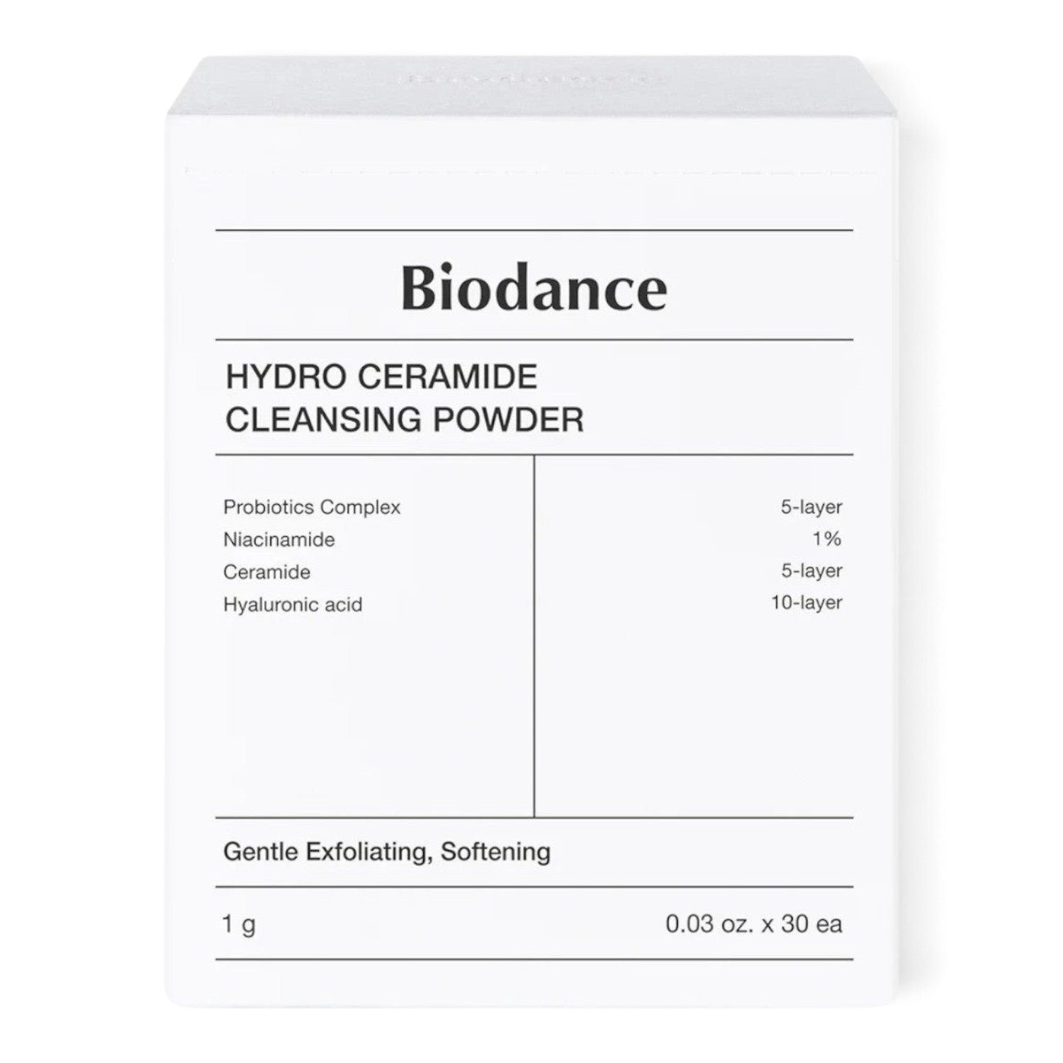 bareskin.lt Biodance Hydro Ceramide Cleansing Powder box featuring probiotic complex, niacinamide, and ceramides.
