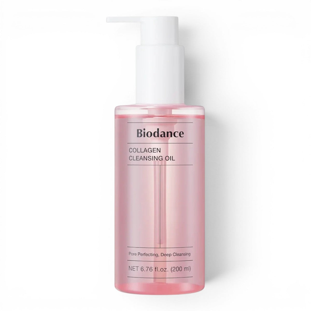 bareskin.lt Biodance Collagen Cleansing Oil in a clear pink bottle with a white pump dispenser for deep pore cleaning