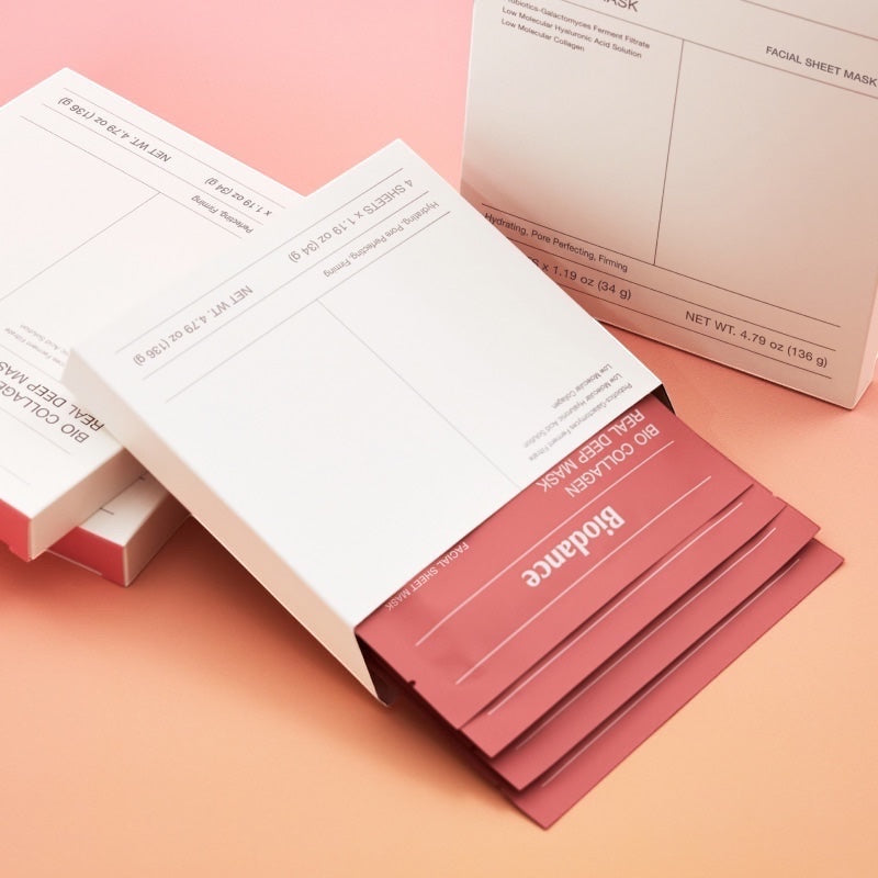 bareskin.lt Biodance Bio-Collagen Real Deep Mask set with white boxes and individual pink collagen sheet mask packets