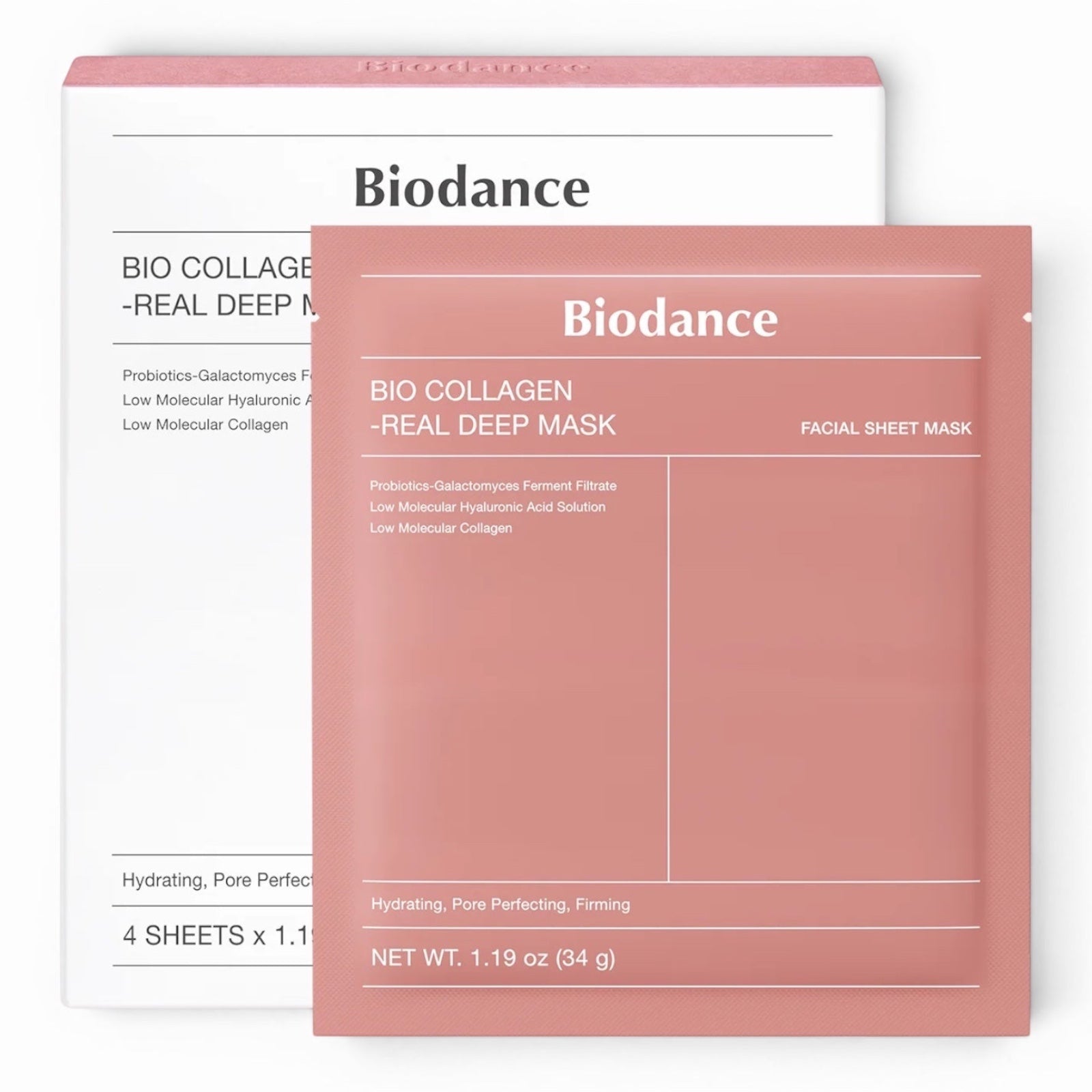 bareskin.lt Biodance Bio-Collagen Real Deep Mask set with a white box and a pink individual facial sheet mask packet.