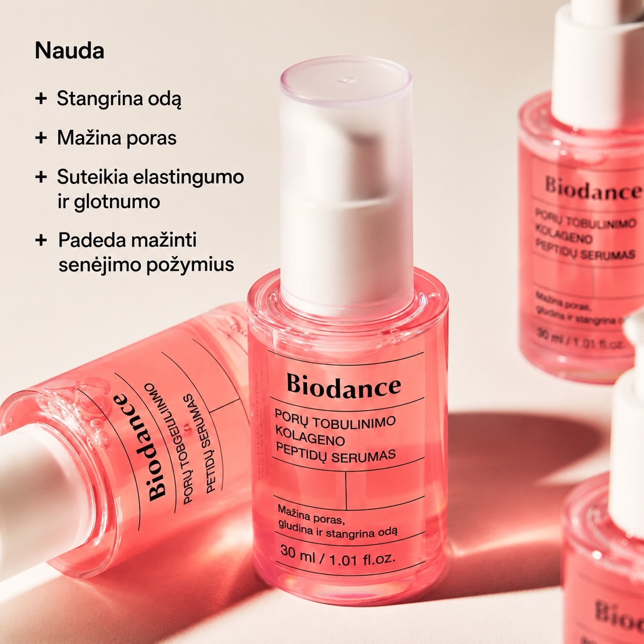 bareskin.lt Biodance Pore Perfecting Collagen Peptide Serum in a pink bottle for skin firming and pore reduction.