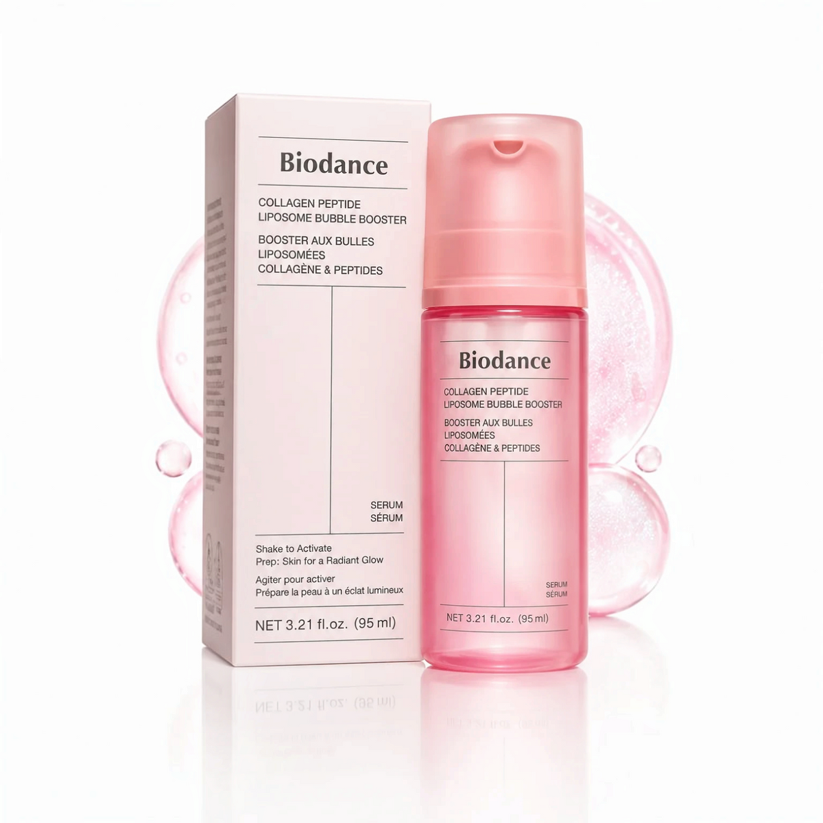 bareskin.lt Biodance Collagen Peptide Liposome Bubble Booster serum in a pink bottle with matching product box