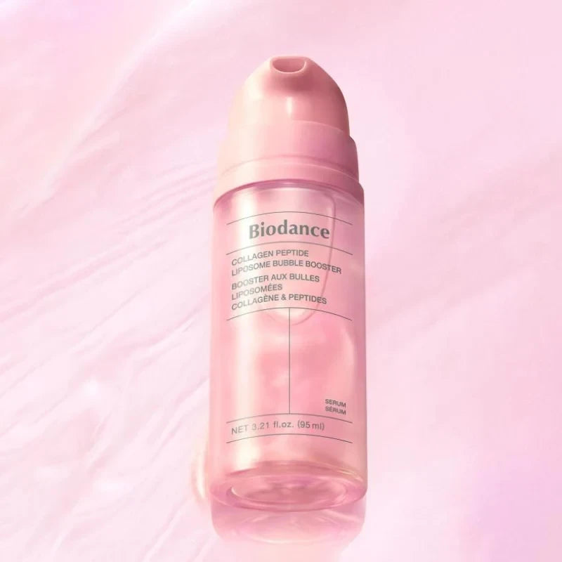 bareskin.lt Biodance Collagen Peptide Liposome Bubble Booster serum in a pink bottle against a water-like background