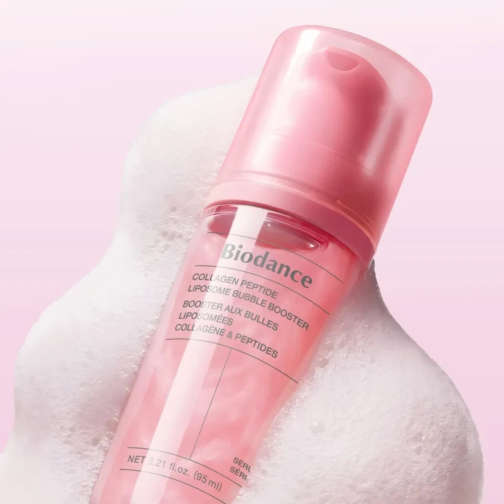 bareskin.lt Biodance Collagen Peptide Liposome Bubble Booster serum in a pink bottle surrounded by white foam