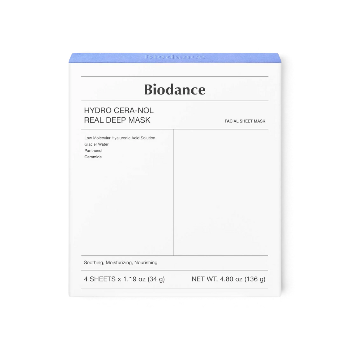 bareskin.lt Biodance Hydro Cera-Nol Real Deep Mask box containing 4 hydrating hydrogel facial sheets with ceramides