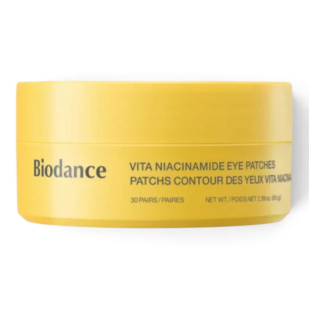 bareskin.lt Biodance Vita Niacinamide eye patches in a yellow jar for brightening and hydrating tired under-eye skin