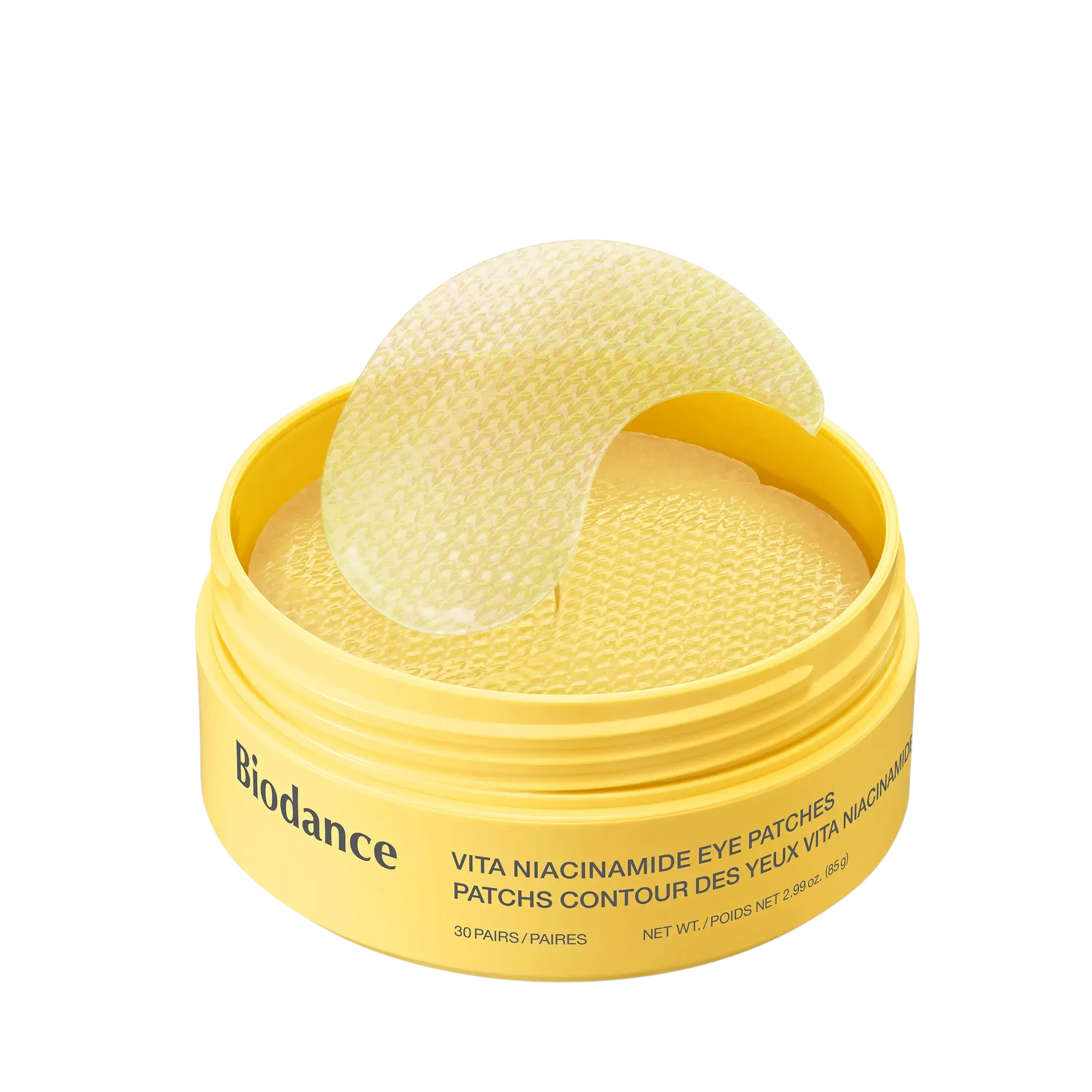 bareskin.lt Biodance Vita Niacinamide hydrogel eye patches in a yellow jar with one patch lifted to show texture