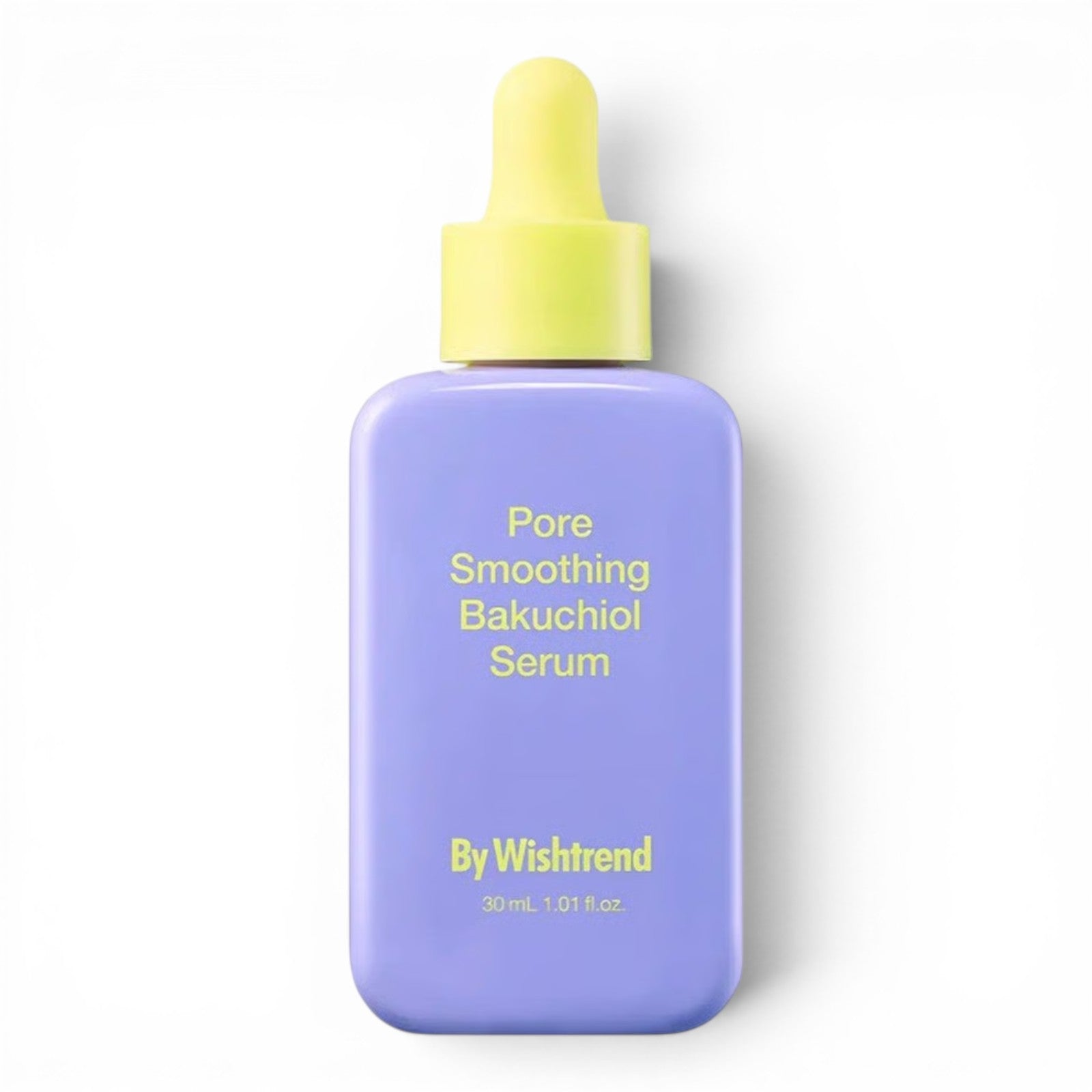 By Wishtrend Pore Smoothing Bakuchiol Serum in a lavender bottle with a yellow dropper cap from bareskin.lt