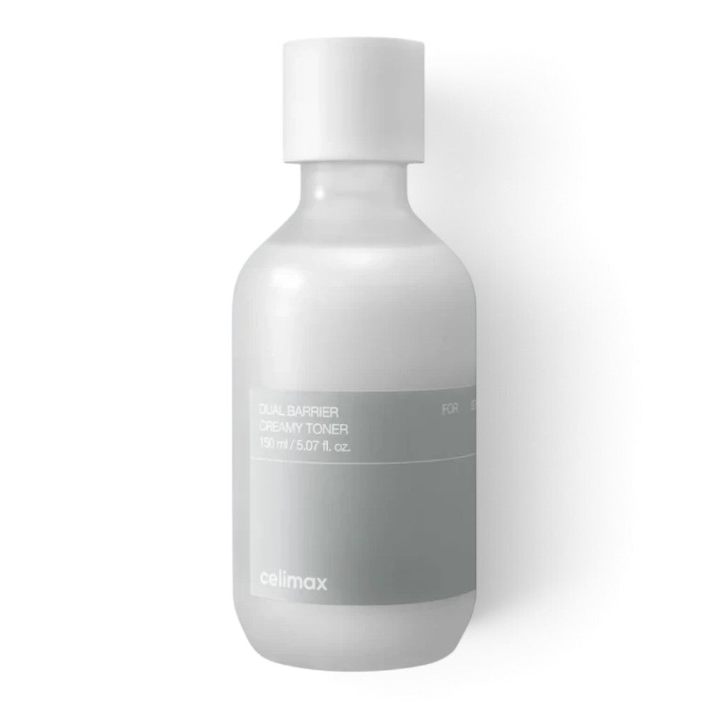 Celimax Dual Barrier Creamy Toner in a frosted white bottle with a minimalist grey label from bareskin.lt