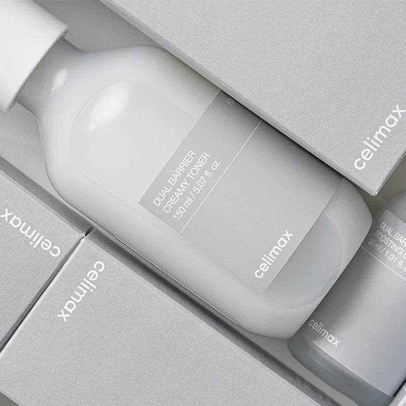 bareskin.lt Celimax Dual Barrier Creamy Toner kreminės tekstūros drėkinantis veido tonikas su penkių rūšių keramidais, pantenoliu ir hialurono rūgštimi