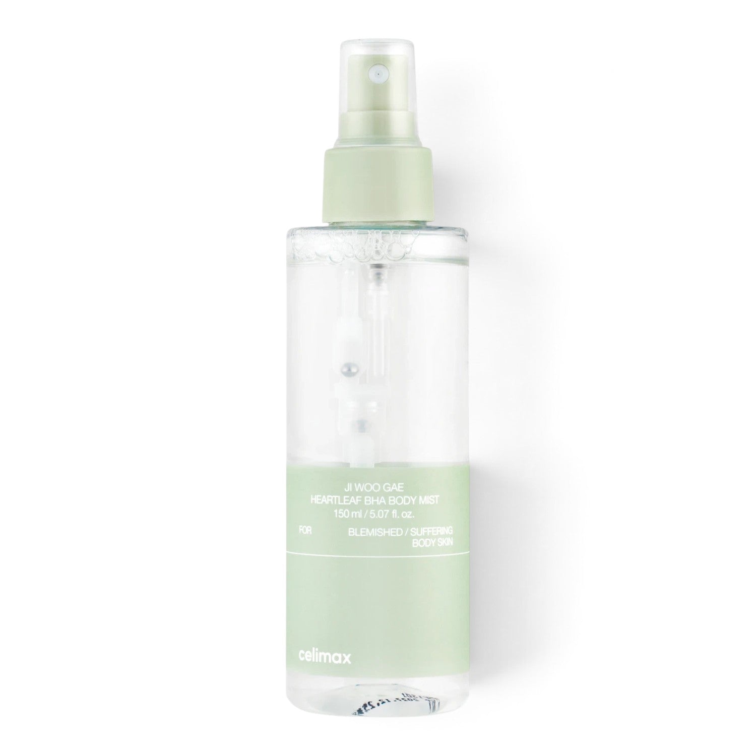 bareskin.lt Celimax Ji Woo Gae Heartleaf BHA body mist in a clear 150ml spray bottle with a light green cap.