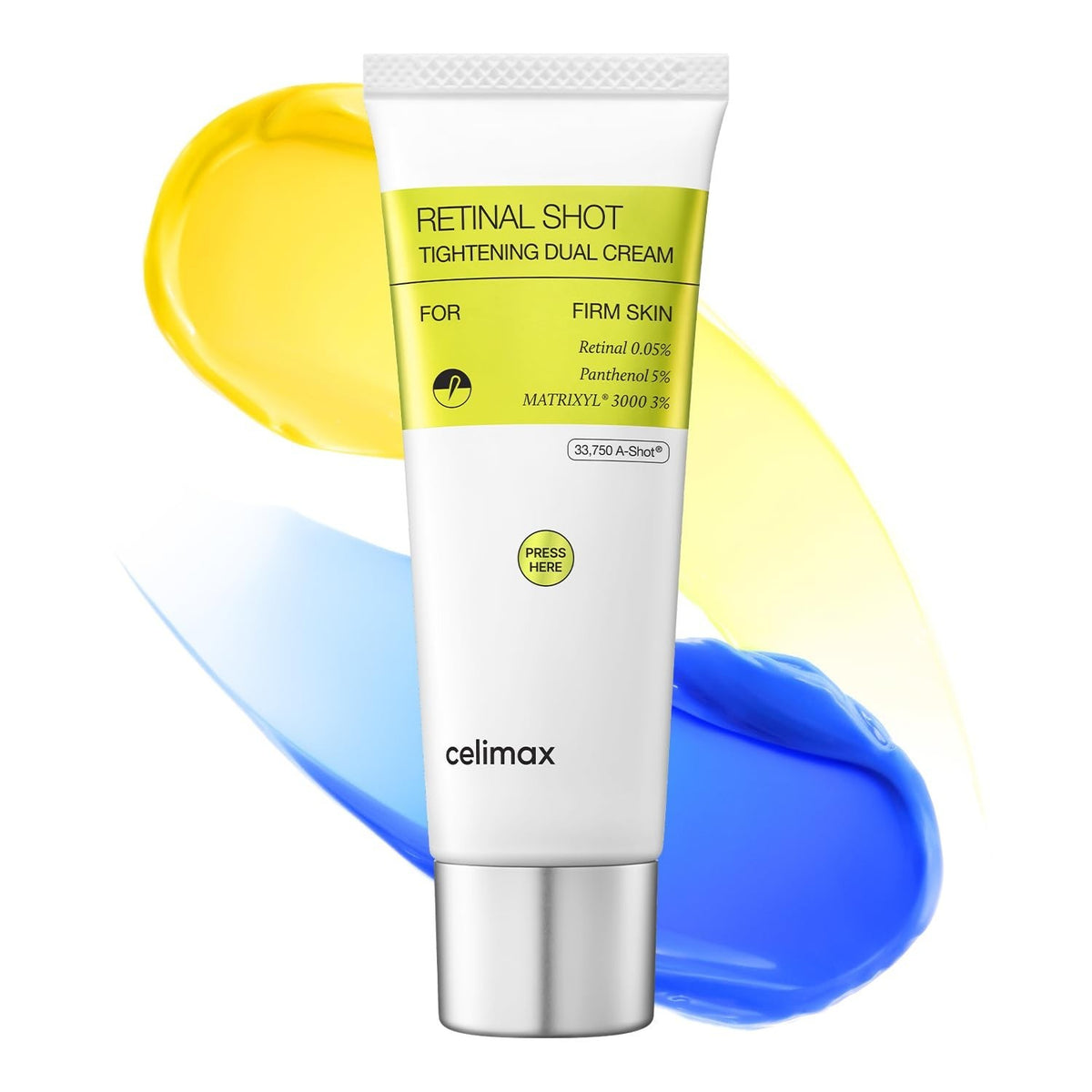 bareskin.lt Celimax dual-chamber tube with yellow retinal and blue panthenol cream swatches for skin tightening.